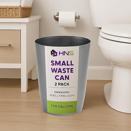 Mini Waste Basket - Pack of 2 Durable Small Plastic Garbage Trash Can Bin - Lidless Open-Top, Slim Profile for Compact Spaces - Suitable for Home, Bathroom, Office, Bedroom & More, Silver Brushed