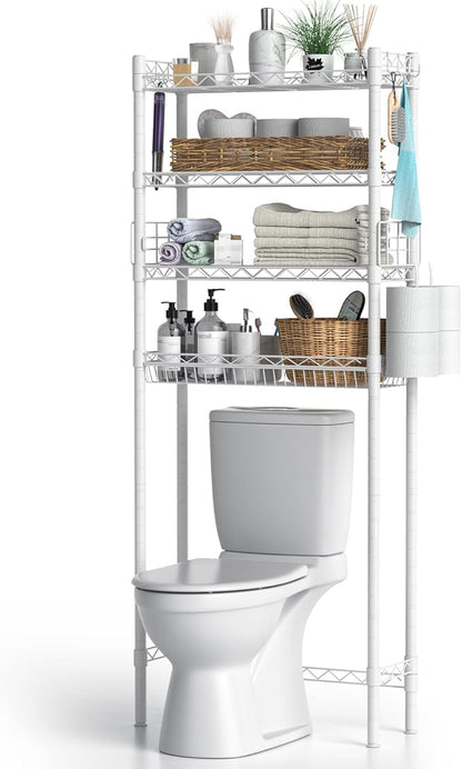 Hodonas Over The Toilet Storage, Adjustable Bathroom Organizer Shelves Space Saver Over Toilet, Sturdy 4 Tier Above Toilet Storage Rack, Freestanding Over-The-Toilet Storage Shelf, White