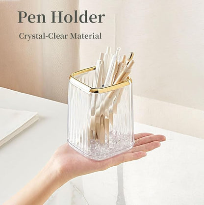 Acrylic Pen Holder, Cute Clear Desk Organizer for Pencils, Makeup Brushes Toothbrushes Storage Cup with Striped Design for Vanity Bathroom