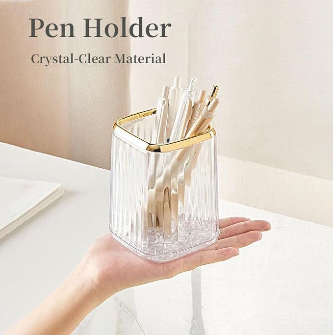 Acrylic Pen Holder, Cute Clear Gold Desk Organizer for Pencils, Makeup Brushes Toothbrushes with Striped Design for Vanity Bathroom Storage Cup