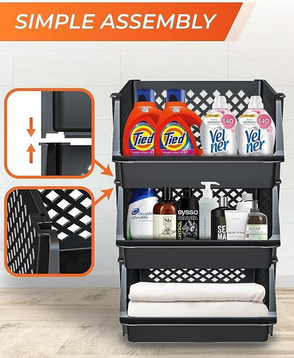 TidyFriend Plastic Stackable Bins for Pantry, 6 Pack Large Stacking Bins Open Front Kitchen, and Bathroom Organization, Open Front Design (Black)