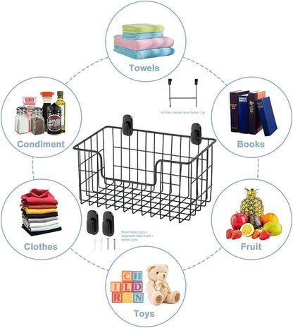 Wire Storage Basket 2 Packs, Wall Mounted Kitchen Bathroom, Hanging Cabinet Door Storage Basket, no Drilling, Supporting 2 Types of Hooks, Strong Bearing, Suitable for Home, Black
