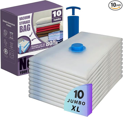 Nellivia 10 XL Jumbo Vacuum Storage Bags with Pump, Extra Large Compression Space Saver for Comforter, Duvet, Bedding, Blanket Storage, Vacuum Seal Bags for Clothing, Luggage Closet Organizer