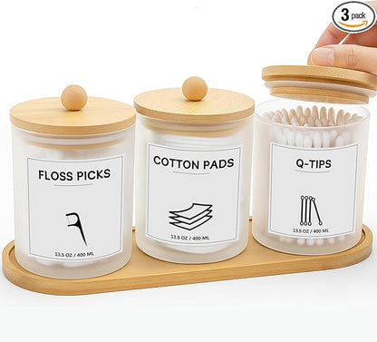 GYOSUGANG 3 PCS Qtip Holder for Bathroom, Cotton Ball Holder, with Tray, Bathroom Organizers and Storage, Bathroom Jars for Floss Picks, Cotton Swabs, Balls, Pads (Frosted)