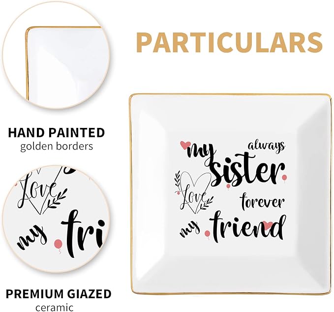 Tijeyi Sisters Gifts from Sister in Law Happy Birthday Gift for Women Funny Big Brother Little Ceramic Small Jewelry Dish Unique Trinket Tray Best Ring Plates Always My Sister, Forever My Friend
