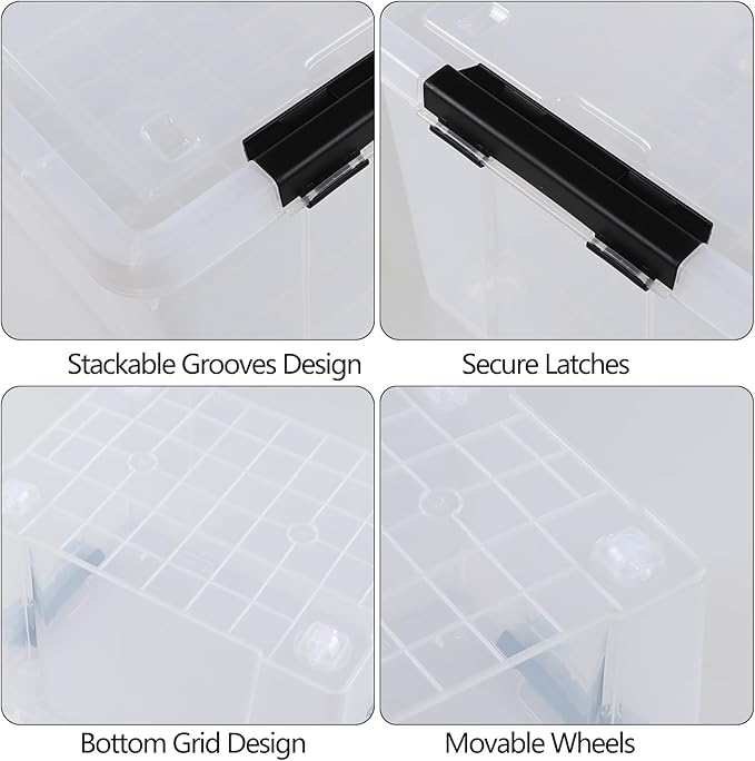 Aninhao 34 Quart Plastic Latching Storage Box with Wheels, 4-Pack Clear Storage Bins with Lids