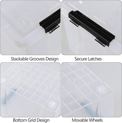 Aninhao 34 Quart Plastic Latching Storage Box with Wheels, 4-Pack Clear Storage Bins with Lids
