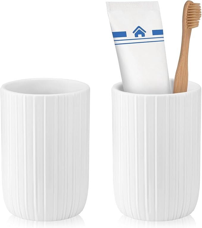 UHEY HOME Bathroom Tumbler Cup Ceramic 2Pcs 12.6oz Reusable Toothbrush Cup 375ml,Toothbrush Holder for Your Bathroom (White)