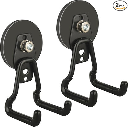 ULIBERMAGNET New Upgraded Large Magnetic Hooks,Strong Heavy Duty Magnet Hooks for Power Drill,Broom,Garden Tools, Pegboard, Garage, Workshop,Hardware, 2 Pack Magnet Storage Holder for Hanging(Black)