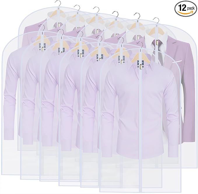 Suit Bags for Closet Storage Garment Bag (24'' x 40'' Set of 12) Clear Garment Bags for Hanging Clothes Plastic Waterproof Suit Cover Bag with Zipper for Coats, Jackets, Shirts Closet