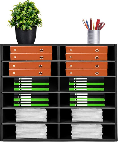 Literature Organizer Sorter,Desktop File Sorter Mail Center Magazine Paper Storage PVC Board File Holder Mailbox Student Classroom Keepers for Home&Office (Black, 12 Slots)