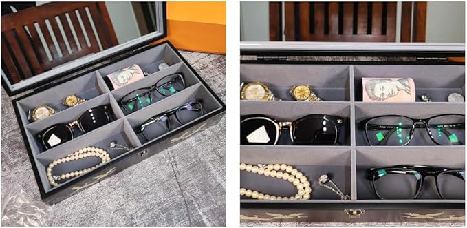 Antique Alive Mother of Pearl Wood Sunglasses Box Eyeglasses Valet Display Storage Case for Glasses, Watches, Jewelry, Trinkets Wooden Accessory Organizer Gift (Crane & Pine Black)