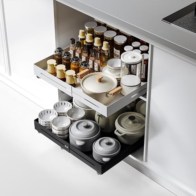 Pull-out Cabinet Organizer,Adjustable Depth(15.7"-24.4") And Width(12.8"-20.5"),3 Silent slides and 2 Support Pulleys,Easy to Assemble and Heavy-Duty Storing slide-out drawer,Black