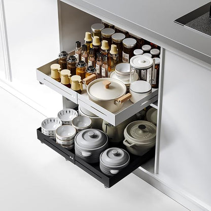 Pull-out Cabinet Organizer,Adjustable Depth(15.7"-24.4") And Width(12.8"-20.5"),3 Silent slides and 2 Support Pulleys,Easy to Assemble and Heavy-Duty Storing slide-out drawer,Black
