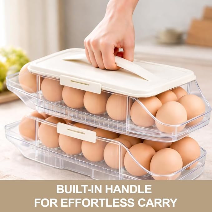 Egg Holder for Fridge Organization - 30 Slot Egg Organizer for Refrigerator with Rolling Dispenser | 2 Layers with Locking & Detachable Trays