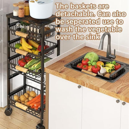 CarolynDesign 5 Tier Metal Wire Basket Cart on Wheels, Stackable Storage Bins for Kitchen, Living Room, Bedroom, Bathroom, Free Stand Vegetable Fruit Racks with Pull Out Drawers