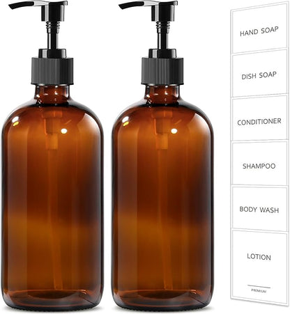 GMISUN Amber Glass Soap Dispenser, 2 Pack Bathroom Hand Soap Dispensers with Plastic Pump, 17 Fl Oz Kitchen Hand and Dish Soap Dispenser Set, Modern Vintage Liquid Brown Soap Dispensers Bottle