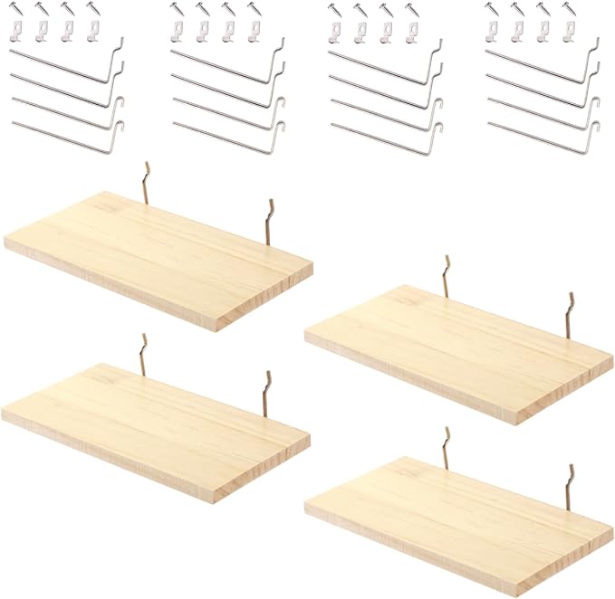 SEVENY Shelves for PegBoard, Pine Wooden Pegboard Shelf Wall Organizer, Wooden Board for Walls Home, Garage Tool Storage, Office Organization, Kitchen, Craft Room,4 Pack