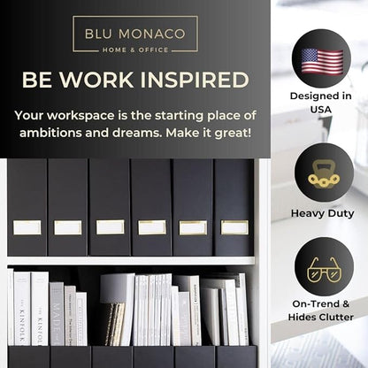 BLU MONACO | Cardboard Magazine File Holder Set of 6 Black | Vertical Magazine File Holder with Gold Label Slots | Standing File Holder and Cardboard Bins for Shelves Desk Storage