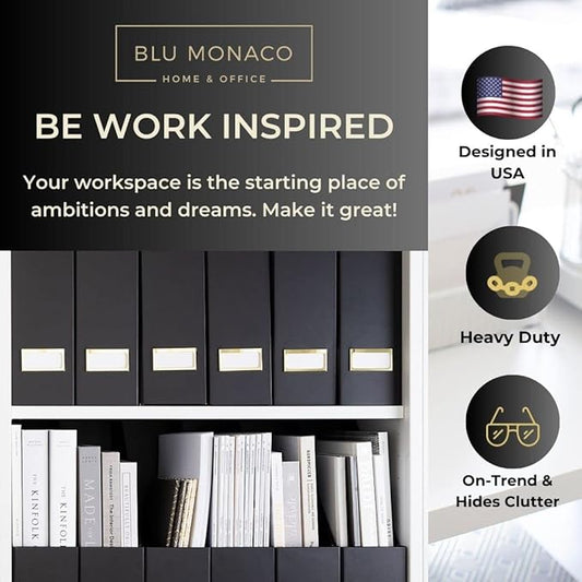BLU MONACO | Cardboard Magazine File Holder Set of 6 Black | Vertical Magazine File Holder with Gold Label Slots | Standing File Holder and Cardboard Bins for Shelves Desk Storage