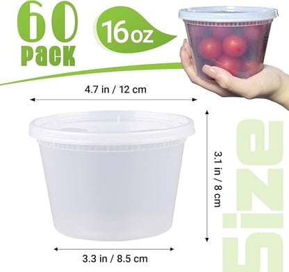 Slomg 60 Pack 16oz Plastic Deli Containers with Lids, Disposable Food Storage Containers for Soup Meal Prep Leftover, To Go Takeout Quart Bowls for Restaurant Kitchen Microwave Dishwasher Freezer Safe