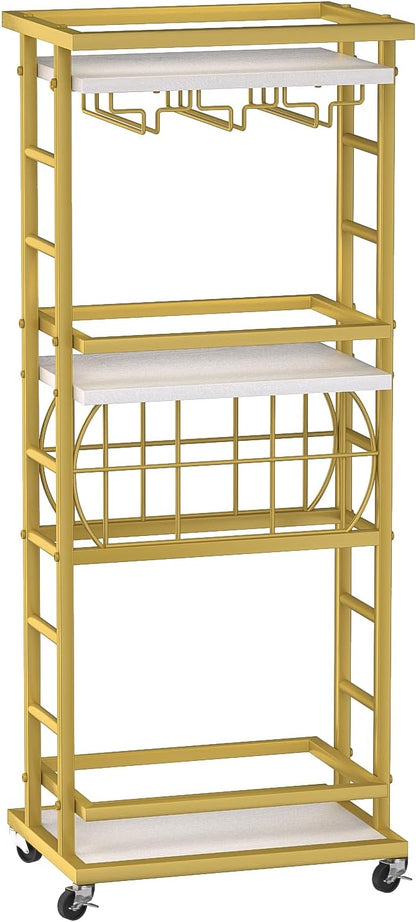 4 Tier Bar Cart with Wheels, Home Bar Serving Cart, Rolling Mini Wine Cart with Wine Rack and Glass Holder, Drink Cart for Dining Room, Living Room, Kitchen, Bar and Outdoor, Gold