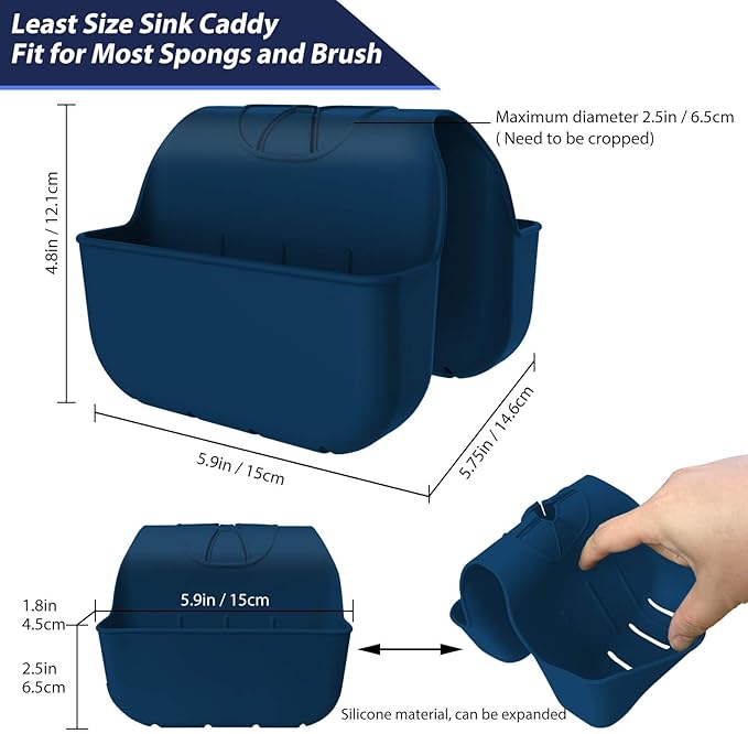 VPASION Sponge Holder for Kitchen Sink, Silicone Sink Saddle Caddy Organizer Rack, Sponges Holder Over Faucet, Hanging Kitchen Organizer Accessories Rack Basket Navy Blue