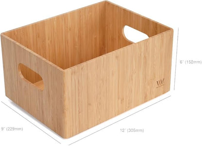 MobileVision Bamboo Storage Box, 12”x 9”x 6”, Durable Bin w/ Handles, Stackable - For Toys Bedding Clothes Baby Essentials Arts & Crafts Closet & Office Shelf With (White Clip Included)