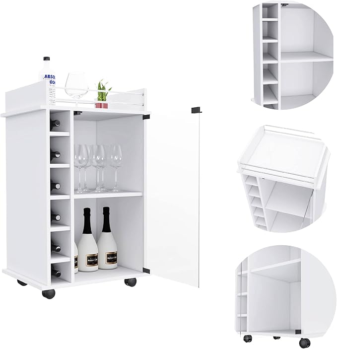 Mobile Bar Cart with Glass Door Cabinet, 6 Wine Bottle Storage Cubbies, Carbon Espresso Finish, 35" H x 21.6" W Bar Serving Cart with Wheels (White)