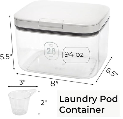 94 OZ/2.8L Laundry Pods Container, One-Press Lid Laundry Powder Holder Dispenser, Clear PET Detergent Sheet Organizer with Measuring Cup for Booster Beads, Dryer Balls, Flour, Pet Food