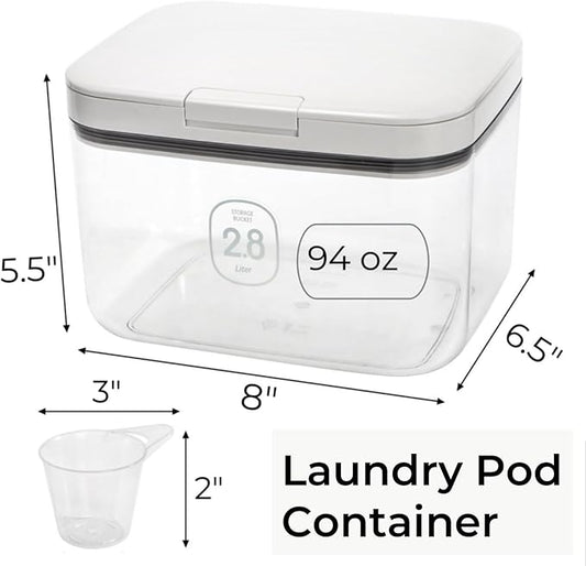 94 OZ/2.8L Laundry Pods Container, One-Press Lid Laundry Powder Holder Dispenser, Clear PET Detergent Sheet Organizer with Measuring Cup for Booster Beads, Dryer Balls, Flour, Pet Food