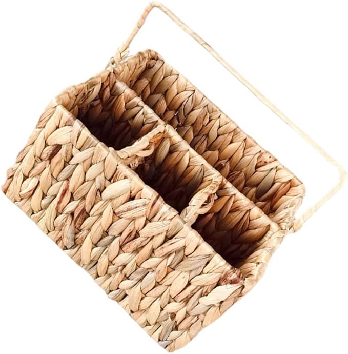 Woven Straw Storage Basket for Kitchen Home Decor Utensil Organizer Multi-compartment Cutlery Holder Folding Handle Natural Style