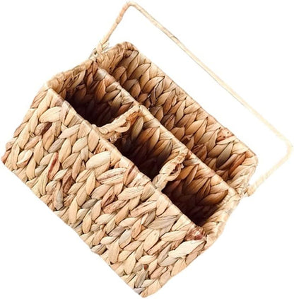 Woven Straw Storage Basket for Kitchen Home Decor Utensil Organizer Multi-compartment Cutlery Holder Folding Handle Natural Style