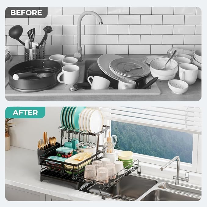 HANLE 2 Tier Dish Drying Rack - Large Extendable Dish Rack, 2-in-1 Anti-Rust Stainless Steel Dishrack for Kitchen Counter and Sink, Dish Strainer with Utensil Holder & Cup Holder(Black)