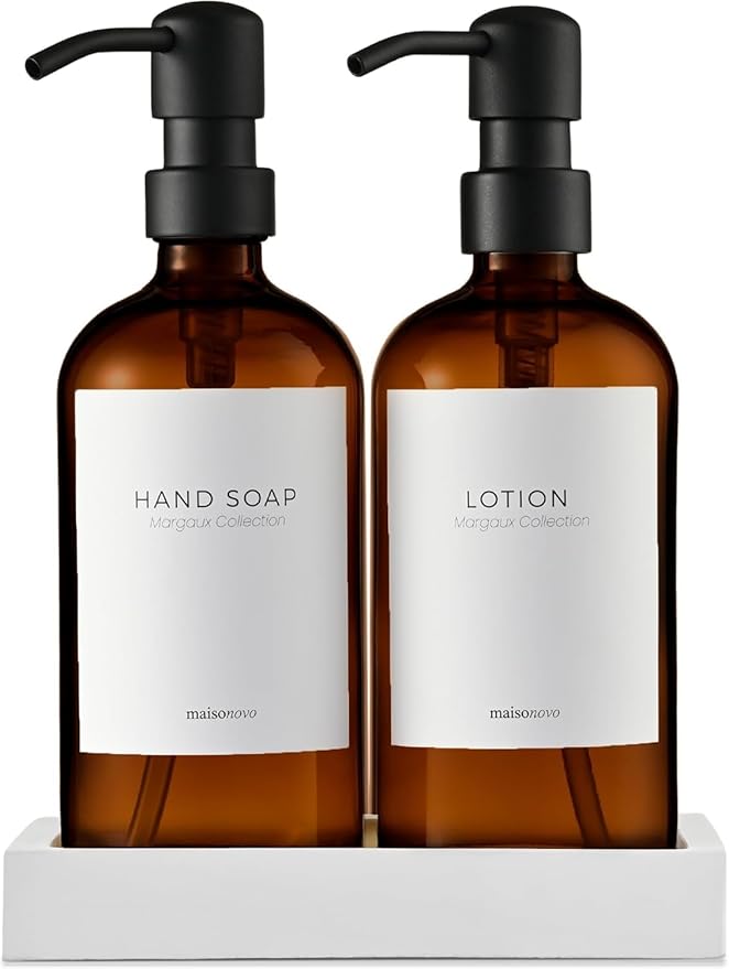 MaisoNovo Soap Dispenser 3-Piece Set | 16.9oz Amber Bottles with Black Stainless Steel Pump Core