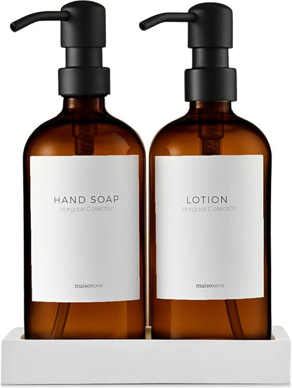 MaisoNovo Soap Dispenser 3-Piece Set | 16.9oz Amber Bottles with Black Stainless Steel Pump Core
