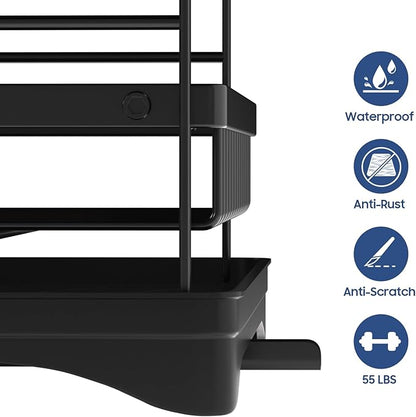 PXYHMUS 2-Tier Large Dish Drying Rack for Kitchen Counter with Drainboard and Cutlery Holder, 2 Tier Dish Drying Rack, Black,16.54" D x 11.81" W x 17.71" H