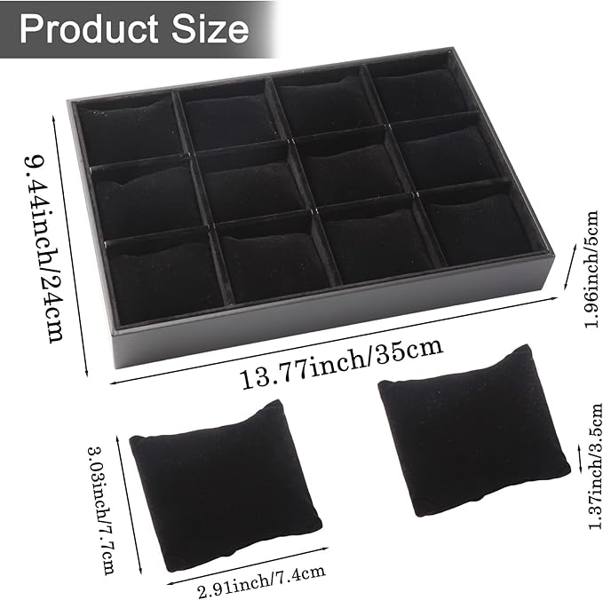 Polmart Stackable 12-Grid Jewelry Tray with Pillow, Black Velvet (2-Pack)