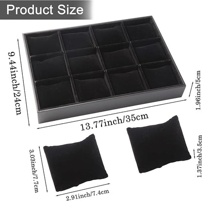 Polmart Stackable 12-Grid Jewelry Tray with Pillow, Black Velvet (2-Pack)