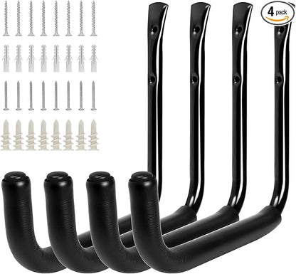 KURUI 10" Garage Organization Wall Hooks, 66 LB Heavy Duty Water Hose Holder for Hanging Ladder Extension Cord Garden Tool Cable, 4 Pcs, Black