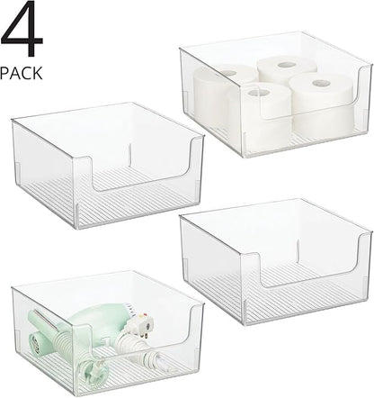 mDesign Modern Wide Plastic Open Front Dip Storage Organizer Bin Basket for Bathroom Organization - Vanity Shelf, Cubby, Cabinet, and Closet Organizing Decor - Ligne Collection - 4 Pack - Clear