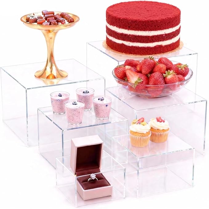 6 Pcs Buffet Risers and Stands, Food Risers Display Stands for Buffet Table, Acrylic Risers Display Stands for Catering Dessert, Party, Collectibles, Clear Cube Boxes Display with Hollow Bottoms (8" 7" 6" 5" 4" 3") (Clear)