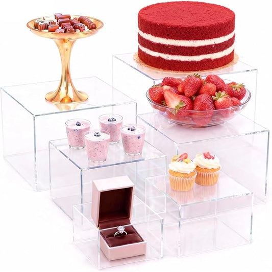6 Pcs Buffet Risers and Stands, Food Risers Display Stands for Buffet Table, Acrylic Risers Display Stands for Catering Dessert, Party, Collectibles, Clear Cube Boxes Display with Hollow Bottoms (8" 7" 6" 5" 4" 3") (Clear)