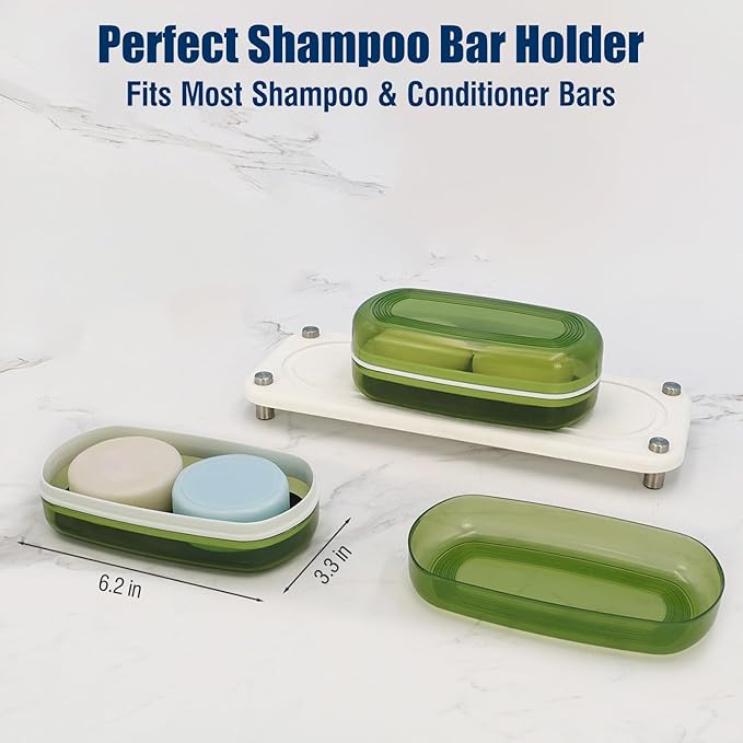 AIMAIAIMAI Shampoo Bar Holder Travel Case for Two Bars – Compatible with Kitsch Solid Shampoo & Conditioner Bars, Large Soap Container for Bathroom or Travel (Green Style A-Large)