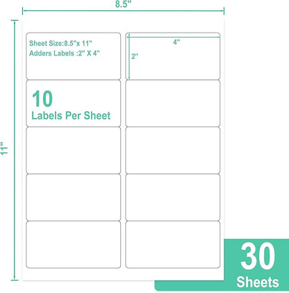 L LIKED 2" x 4" Label Stickers, Printable White 10 per Sheets Total 300 Labels, for Laser/Inkjet Printing - Matte (300 Labels) (Pack of 2)