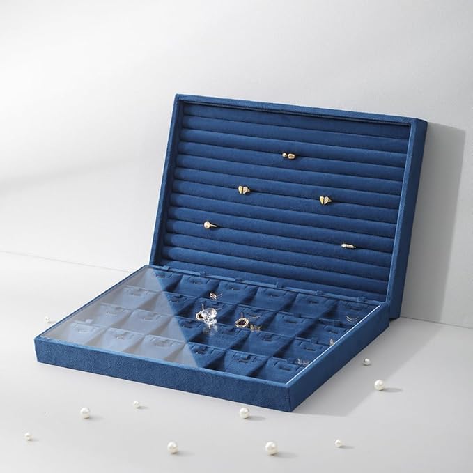 Dansmiy Velvet Necklace Display Tray, Stackable 24 Grid Insert Pendant Necklaces Storage Holder Plate, Jewelry Retail Countertop Organizer (Blue)