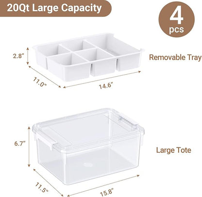 HOMETUK 80Qt Plastic Storage Bins with Lids, Clear Latching Organizers Boxes with Removable Trays, Portable Storage Containers, for Holiday Ornaments, Home Organization, 4Pack