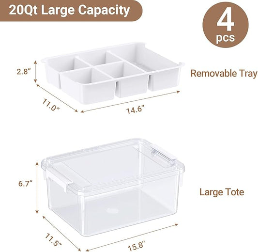 HOMETUK 80Qt Plastic Storage Bins with Lids, Clear Latching Organizers Boxes with Removable Trays, Portable Storage Containers, for Holiday Ornaments, Home Organization, 4Pack