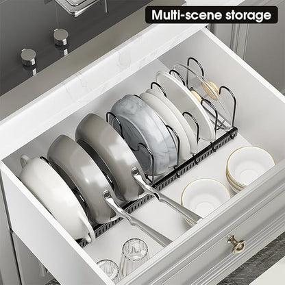Expandable Pots and Pans Organizer Rack, Pot Lid Kitchen Cabinet Organizer Holder with 10 Adjustable Compartment, Kitchen Cabinet Organizer for Pots, Pans, Lids & Bakeware, Countertop Storage