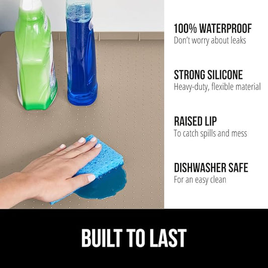 GORILLA GRIP Waterproof Silicone Under Sink Mat with Raised Lip for Kitchen and Bathroom, Cabinet Shelf Liner Stay in Place Mats Dishwasher Safe Drawer Liner, Organizer Tray, 15 x 22 in, Beige